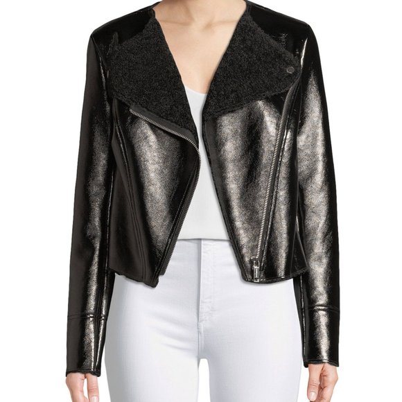 Michael Kors Faux Shearling Zip-Front Patent call Moto Jacket - Picture 1 of 10